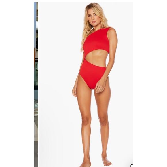 Beach Riot Other - Beach Riot Sz M Swimsuit Celine Ribbed One Shoulder Cut Out Red One Piece NWT